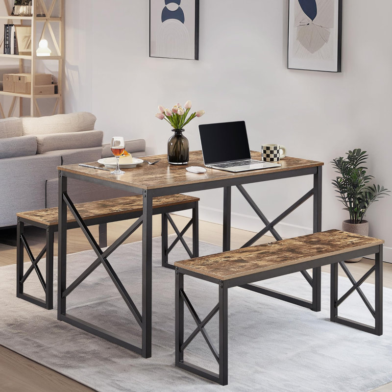 Kitchen Table With 2 Benches For 4, 43.3'' Wood Dining Room Dinette Sets With X Metal Frame For Breakfast Nook And Small Space, Brown