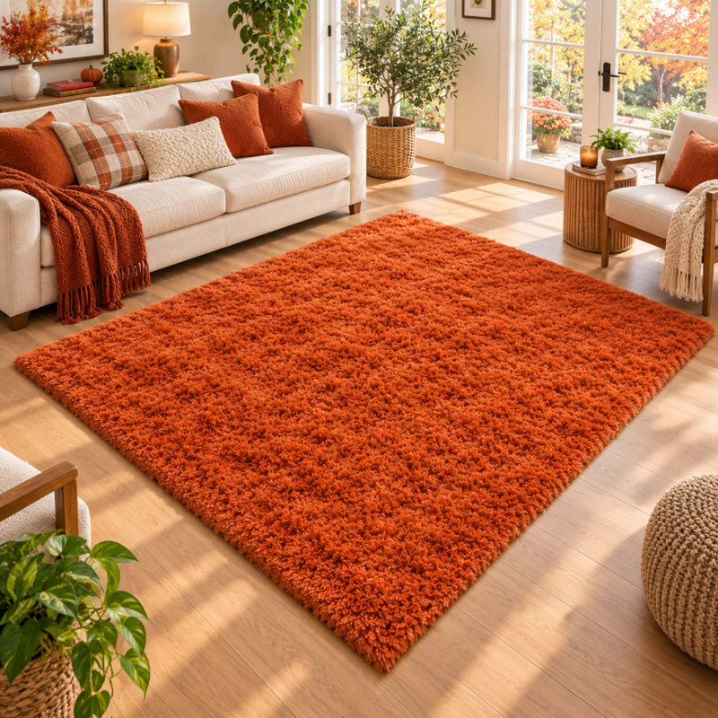 Tapis à poils longs orange brûlé de 152 x 213 cm avec envers antidérapant
