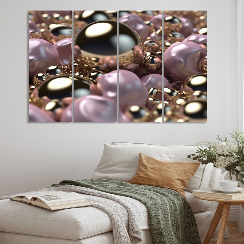 Or doré, argent et perles roses glamour sur toile, 4 pièces
