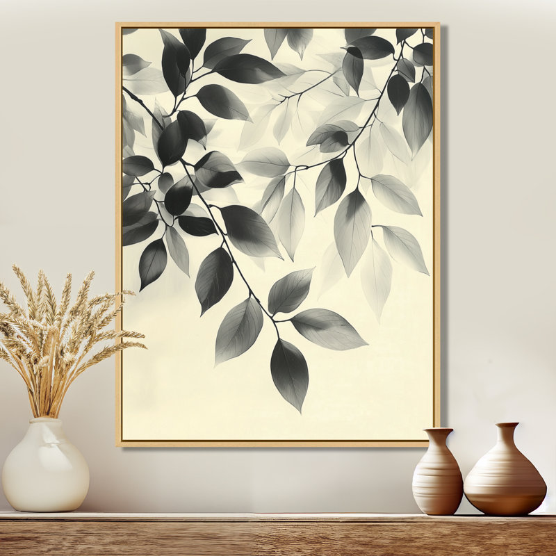 Ramcha noir et beige feuilles doux brise III - feuilles, art mural, H 20 po x l 12 po, Reproduction avec cadre flottant