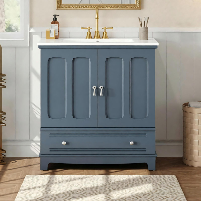 30" Bathroom Vanity With Ceramic Sink, Solid Wood Frame Bathroom Sink Cabinet With Adjustable Shelf, Drawer With Divider, Solid Wood Feet