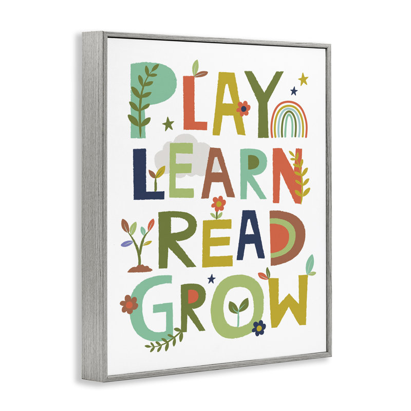 Play Apprendre, lire, grandir, typographie grise, estampe numérique par Lisa Perry White, H 20 po x l 16 po x P 1,5 po
