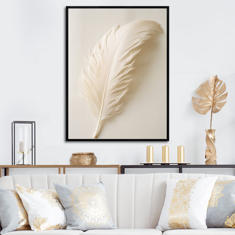 Plume délicate de bohème blanc - art mural grand plumes, H 32 po x l 24 po x P 1 po, Cadre flottant noir