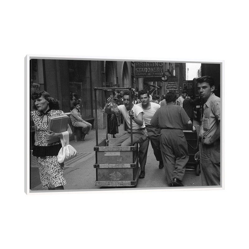 Charles James Story Men Pushing Carts (NYC, 1949) by Ruth Orkin - Print on Canvas, 66.04 cm H x 45.72 cm W, White Framed