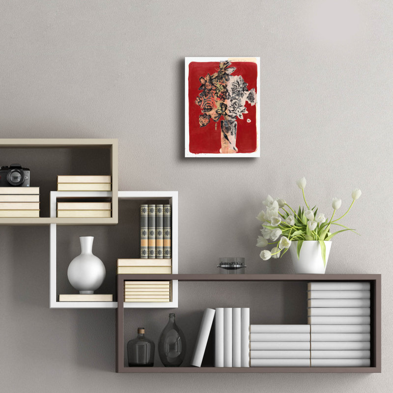 "Bouquet fond rouge" par Maria Pietri, H 16 po x l 12 po x P 0,13 po