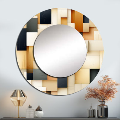 Rosealynn, blocs abstraits taupe Blockchain - miroir mural décoratif géométrique, miroir rond moderne, impression d'art en métal