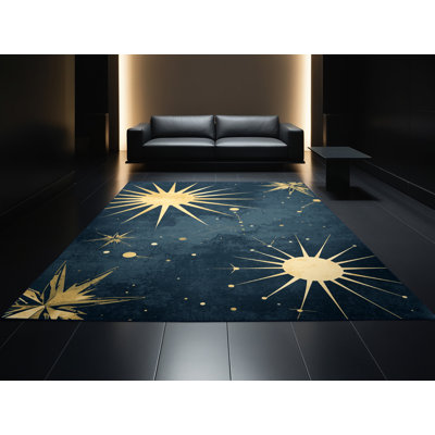 Tapis bleu marine lavable à la machine Bates Mid-Century Starburst