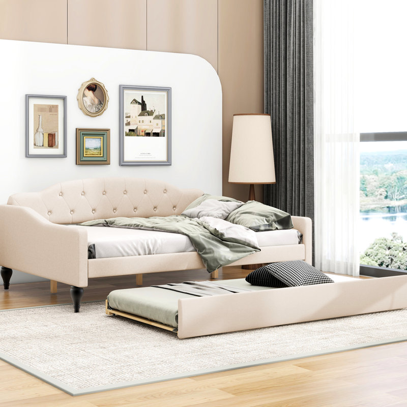 Lit de jour avec revêtement double beige et gigogne simple - Style élégant et confortable