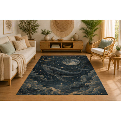 "Ultra Lightweight" 5'x7' Celestial Whale Area Rug, Soft Low Pile Indoor Rug with Non-Slip Silicone Backing, Decorative Carpet for Living Room, Bedroom, Dining Room, Office, Moon and Stars Ocean Theme