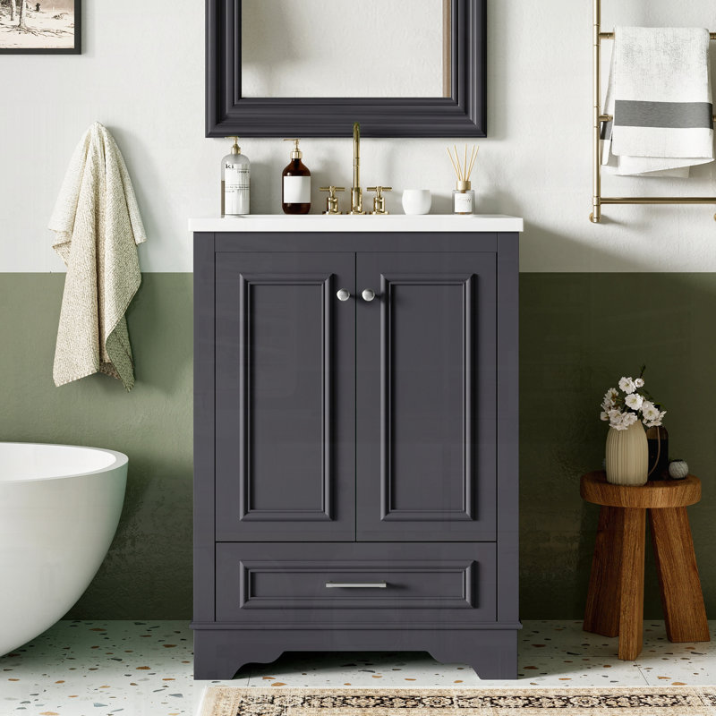 Meuble-lavabo autoportant moderne avec lavabo en céramique, Bleu gris