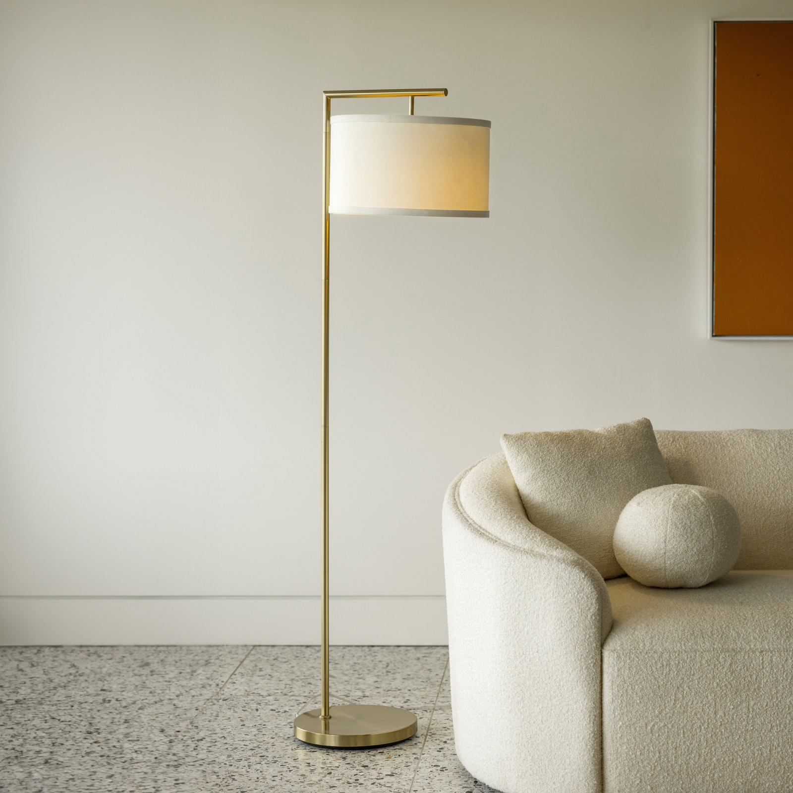Montage Modern 60 in. Mid-Century Modern LED Floor Lamp with Fabric Drum Shade, Rose Gold, White