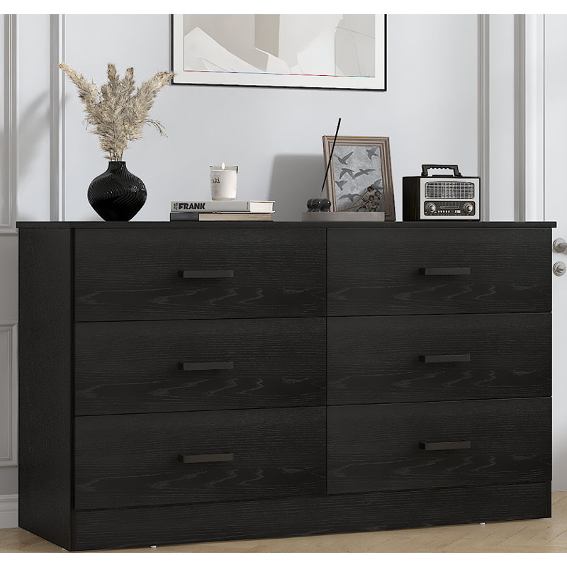 Dresser for Bedroom,6 Drawers Dresser Modern Wood Double Chest of Drawers for Bedroom Living Room, Black