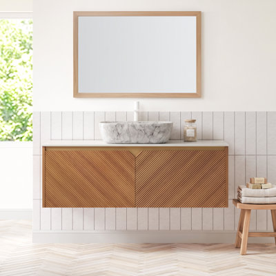 Meuble-lavabo mural simple l 48 po x P 18 po x H 34 po à grain de bois de chêne brun avec plateau en pierre frittée Carrara blanc et vasque en céramique à motif marbré