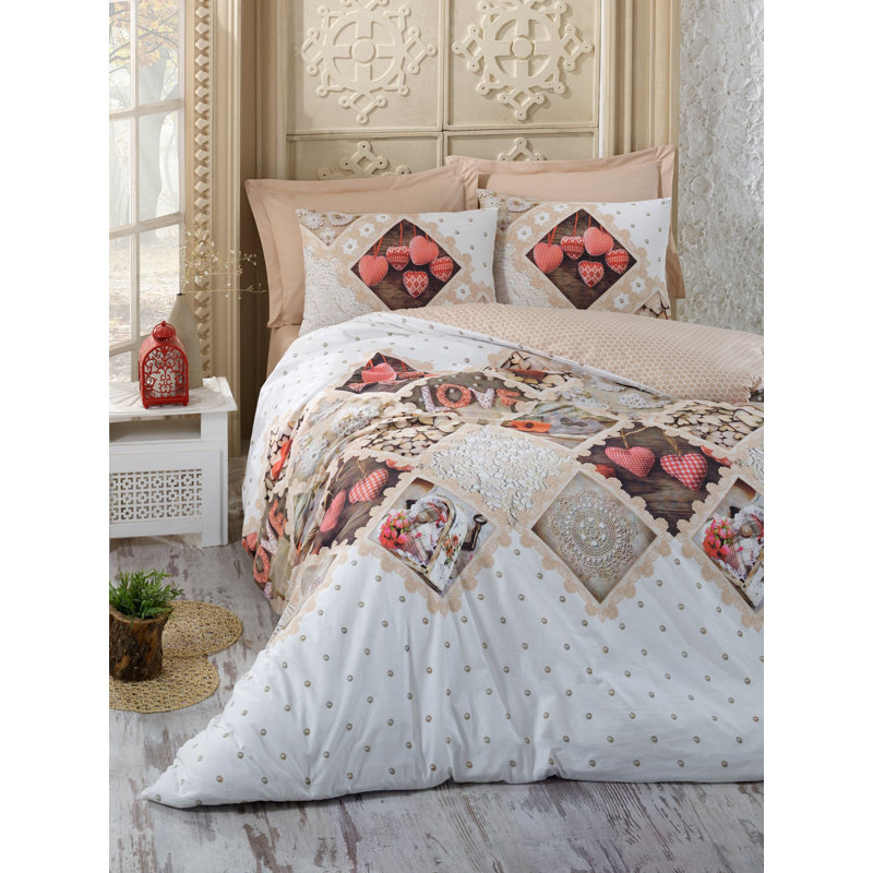 Ensemble de housse de couette 100% coton Latish beige / rouge / crème, Housse de couette double + 2 taies d'oreiller stan