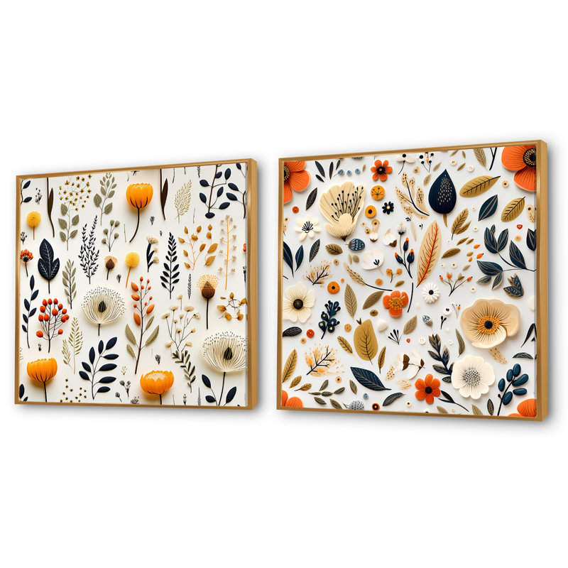 Ensemble de 2 collages blancs botaniques élégants scandinaves blancs II, Cadre flottant doré, H 36 po x l 73 po