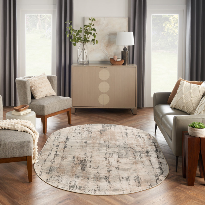Addie Abstract Modern Machine Woven Area Rug in Beige/Gray, Oval 6' x 9'