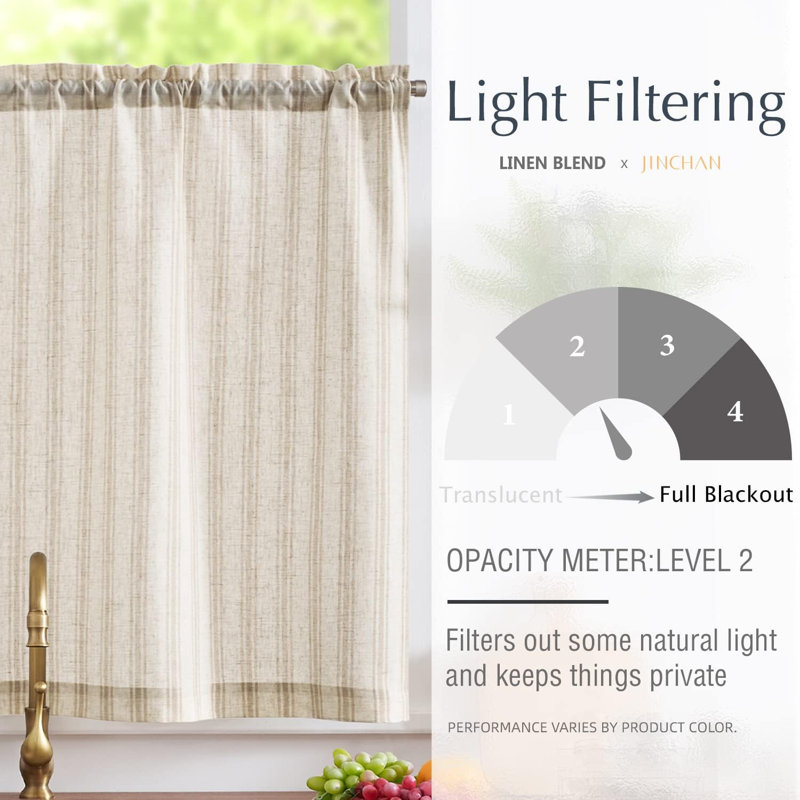 Linen Striped Kitchen Curtain Rod Pocket Tier Curtain, Beige