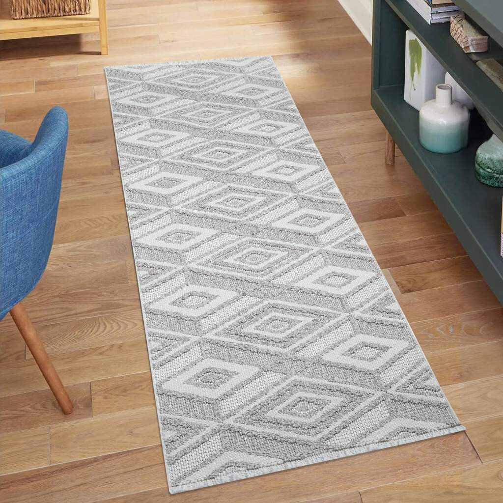 Teppich Lindo 8875 Kurzflor 3D-Optik Fransen Beige Rauten-Muster Boho-Stil Wohnzimmer Howard