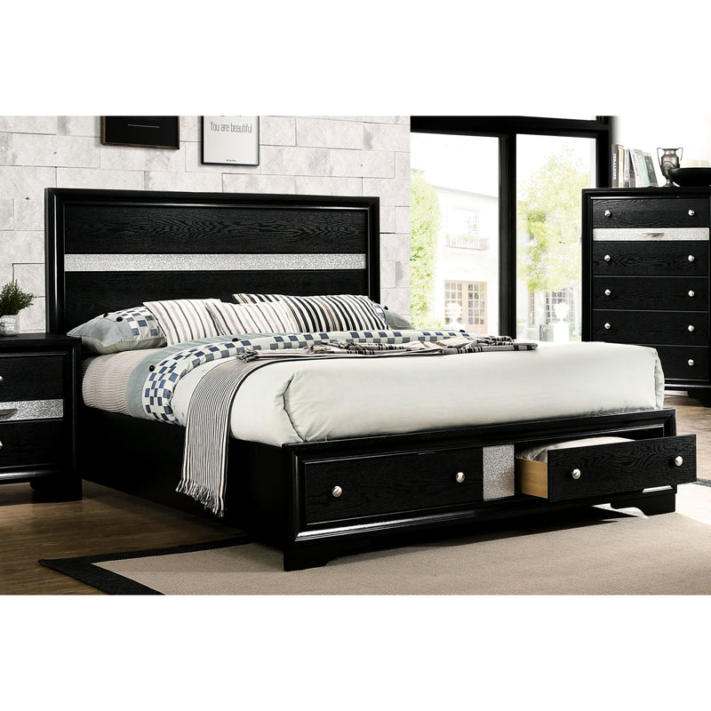 Black Solid Wood Bedroom Queen Bed With Storage, Transitional Enthrallment Contemporary Storage In Piece