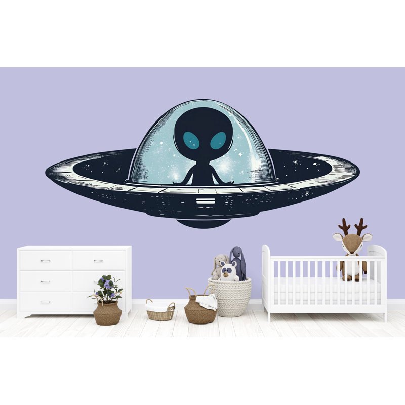 Mignon art mural Alien, décor de chambre de bébé UFO, art pour chambre d'enfant, peinture murale vaisseau spatial extraterrestre 154Mv