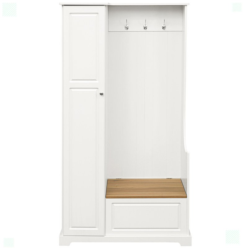 Stylish Design Hall Tree with Flip-Up Bench and Hanging Hooks for Entryways Mudroom, White