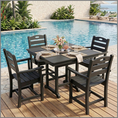 Ensemble de salle à manger d'extérieur en PEHD noir 5 pièces avec table carrée, trou pour parasol et 4 fauteuils