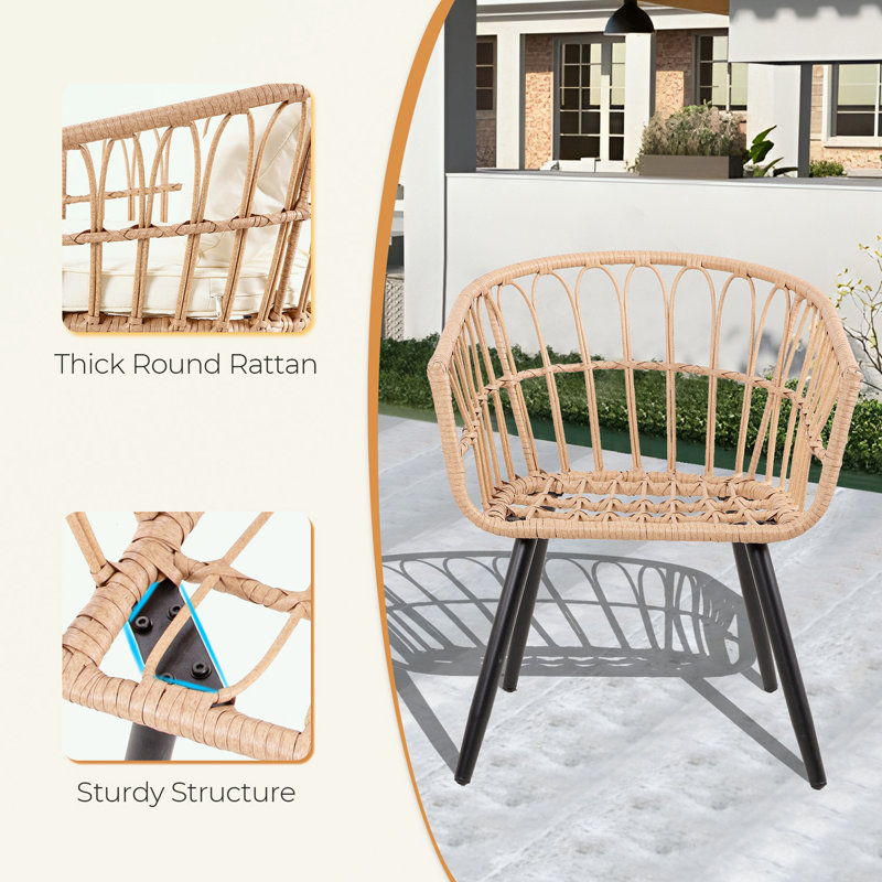 5-Piece Wicker Patio Set with two ottomans and coffee table, Beige Cushion/Natural Frame