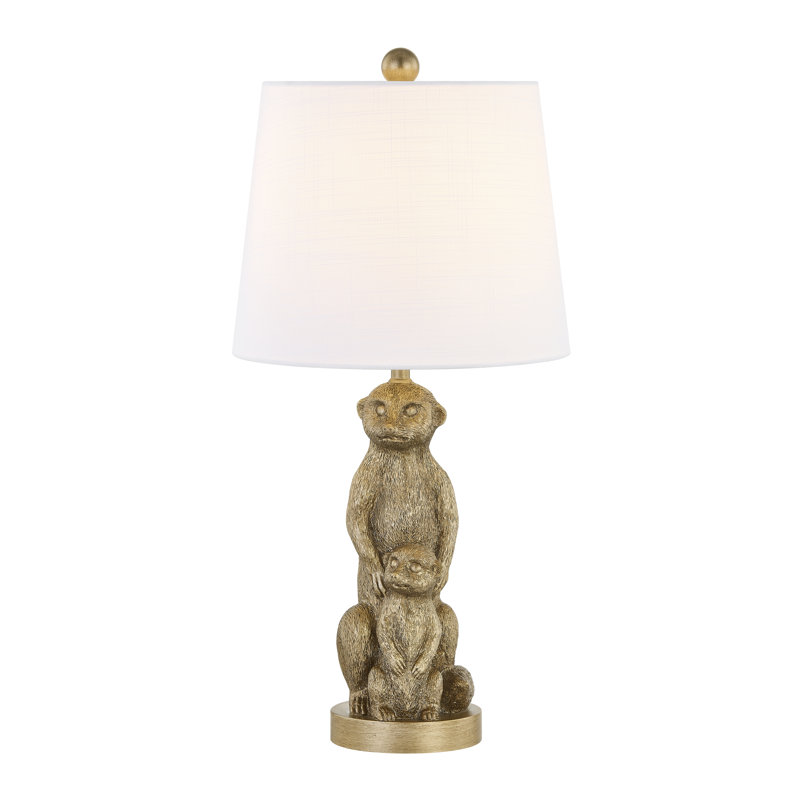 23" Gold Resin Meerkats Table Lamp With Linen Shade