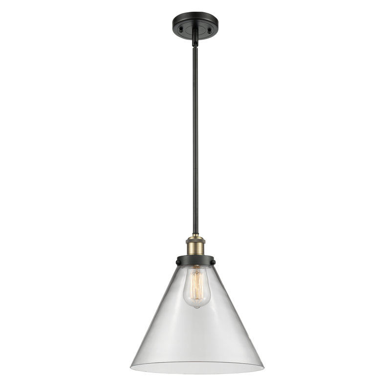 Luminaire suspendu conique à 1 lumière Gelinas, Ampoule non incluse, Transparent, Laiton antique noir