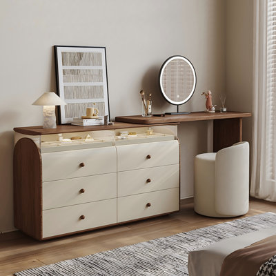 Ensemble coiffeuse 47,24 "brun et blanc avec commode, tabouret de maquillage et miroir
