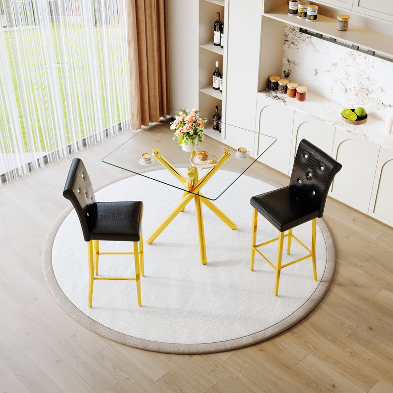 3 Pieces Dining Table Set, Glass Table And 2 Bar Stools, Black/Gold