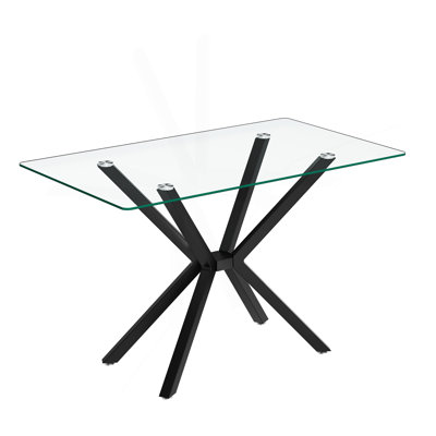 Table de salle à manger de 47,24 po rectangulaire en verre trempé transparent, conception élégante avec pieds en métal, table de cuisine pour la salle à manger
