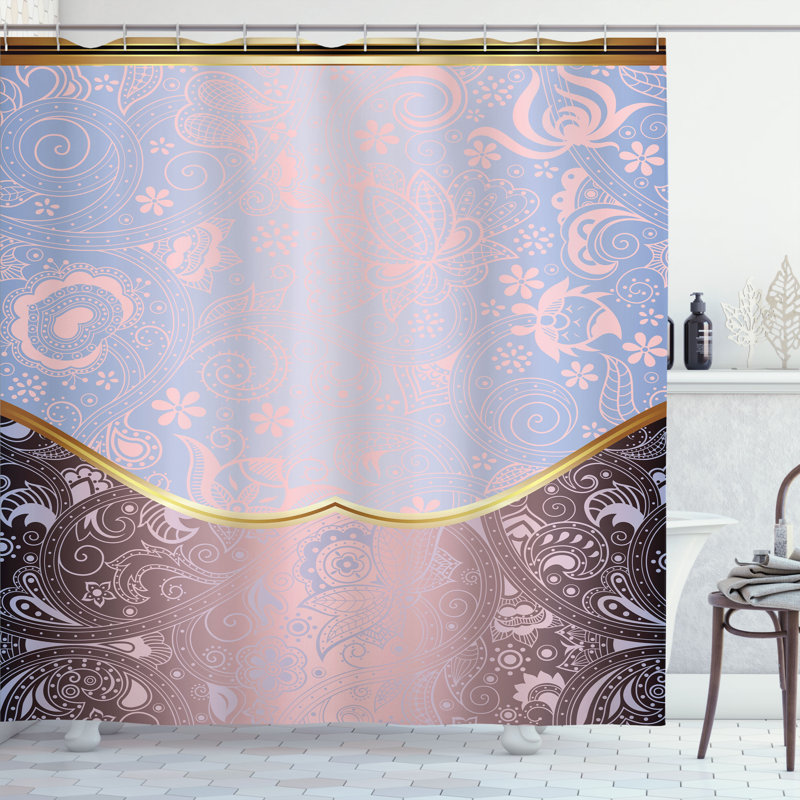 Pale Azure and Gold Floral Fabric Shower Curtain with Hooks