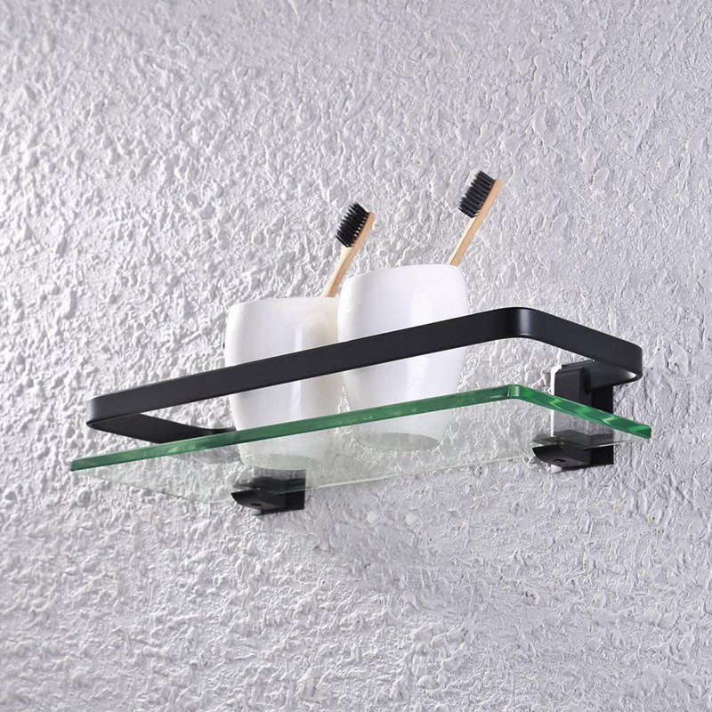 Bathroom Glass Floating Shelf with Rail Wall Mounted Shower Caddy, Black