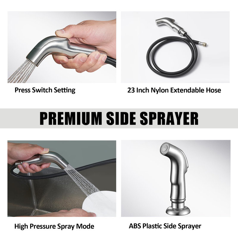 Stainless Steel Kitchen Faucet With Sprayer, Kitchen Sink Faucet With Side Sprayer, 3-Hole Or 4-Hole Faucet For Kitchen Sink.