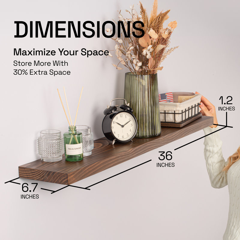 Solid Wood Floating Shelves, Wooden Shelves for Wall, Walnut, 1.2" H x 24" W x 6.7" D