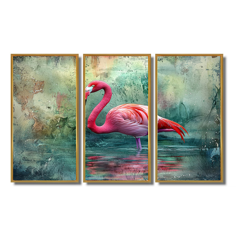 Flamant rose dans la lagune I - Art mural flamant rose - 3 panneaux, H 40 po x l 60 po, Doré