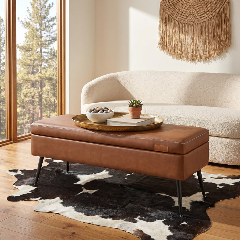 Ottoman Bench - Mid-Century Modern Bench With Synthetic Leather And Stitching, End Of Bed Bench With Hidden Storage, For Living Room, Bedroom, Entryway, Caramel Brown