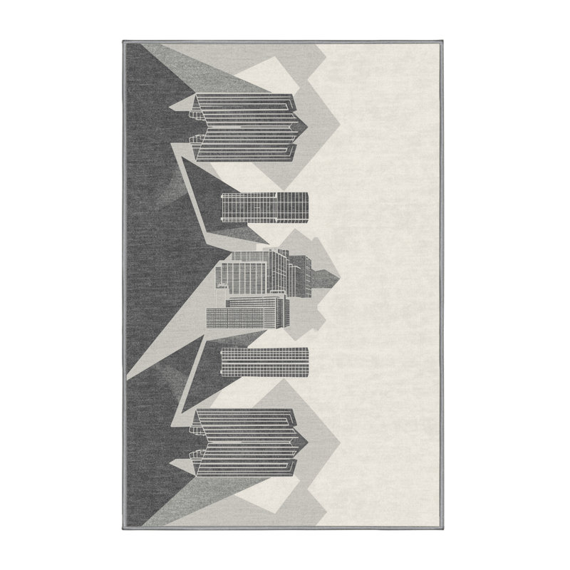 Machine Washable Paublo Busan Skyline Modern & Contemporary Geometric Rug in Beige – Gray Binding, 7x10
