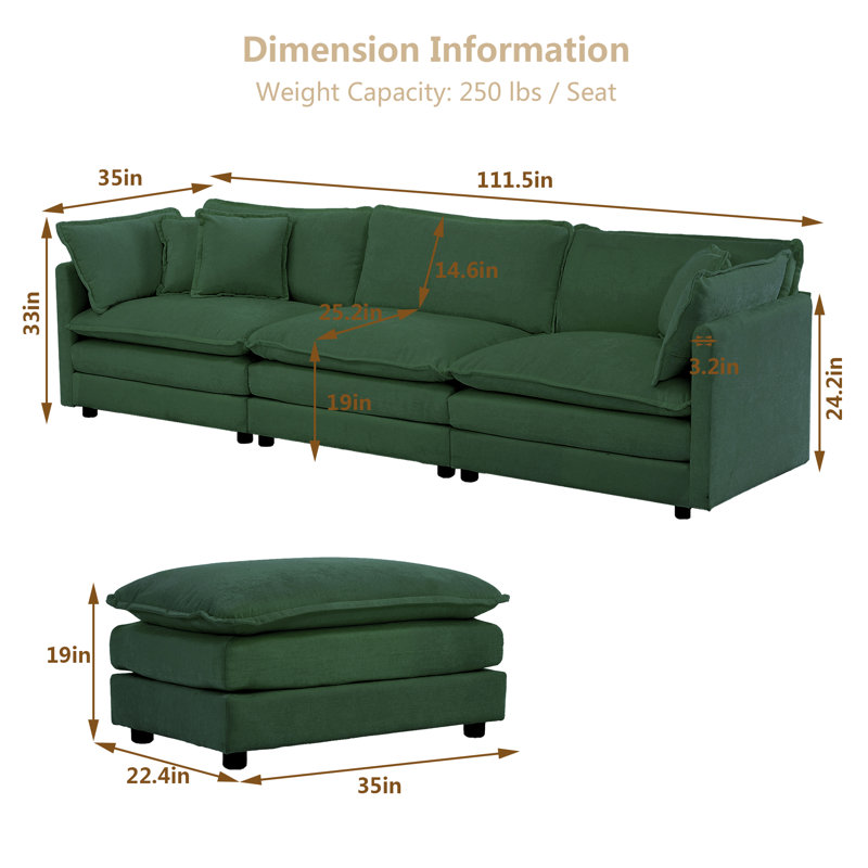 Canapé Chenille Cloud , 3 places avec repose-pieds pour le salon , Chenille verte