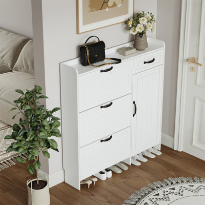 Armoire à chaussures blanche avec 4 portes et 1 tiroir