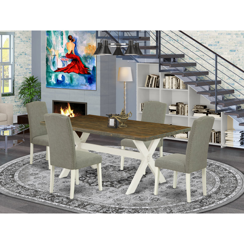 Ensemble de table de salle à manger 5 pièces moderne comprenant une table rectangulaire en bois avec pieds en X et 4 chaises Parson en tissu Shitake foncé, lin brossé blanc 