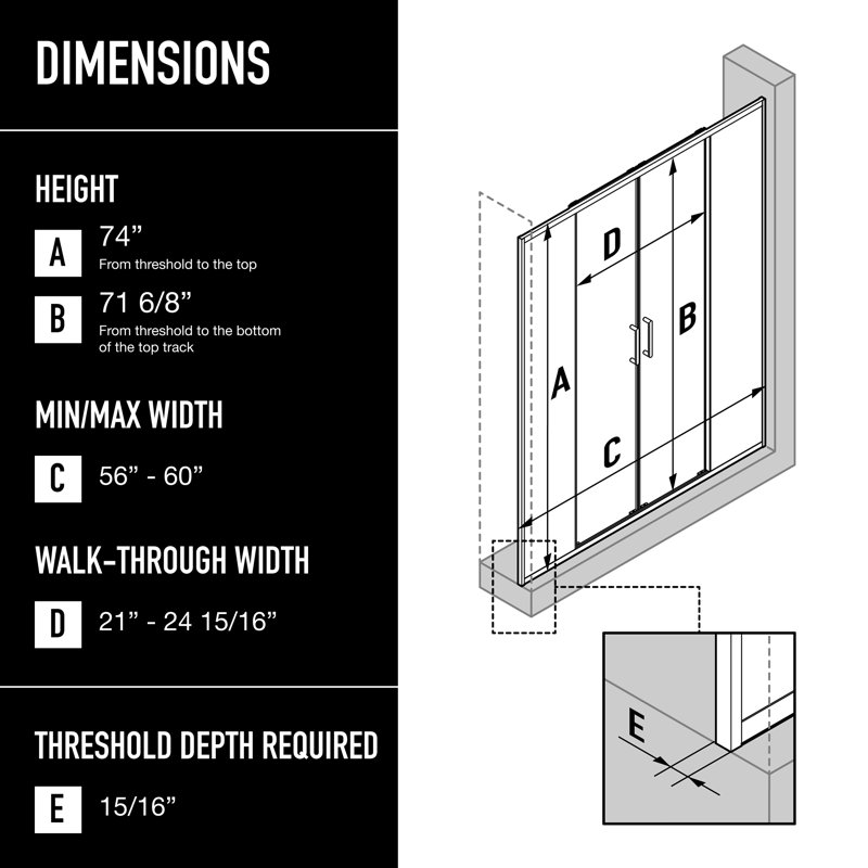 VIGO Paloma 56"–60" W x 74" H Semi-Frameless Double Sliding Shower Door in Brushed Nickel with Clear Tempered Glass, Nickel