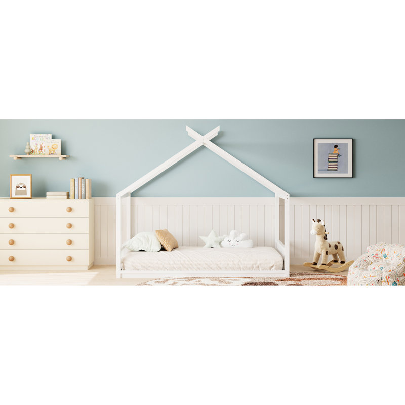 Lit double blanc pour, construction en bois de pin, conception de plancher sécuritaire en blanc, maison en forme de plateaux ouverts, assemblage facile, jeu indépendant