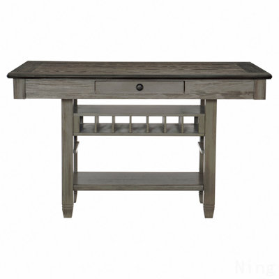 1-Piece Counter Height Table With 4 Drawers Wine Rack Display Shelf Transitional Dining Furniture Antique Grey And Coffee Finish Storage Table