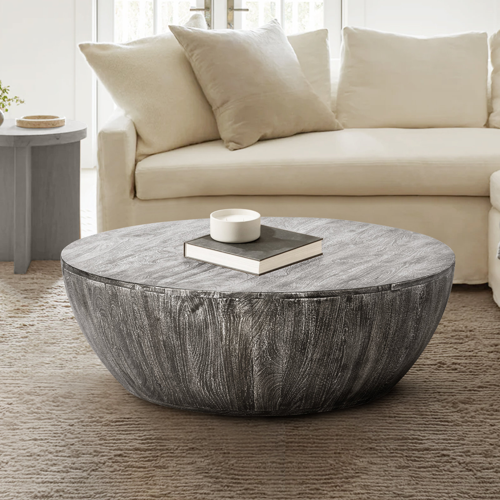 Teasdale Solid Wood Single Drum Coffee Table, Sandblasted Black