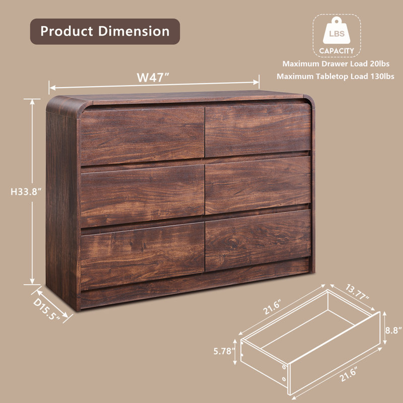 Commode 6 tiroirs pour chambre Maud, Brun, 34" H x 47" W x 16" D