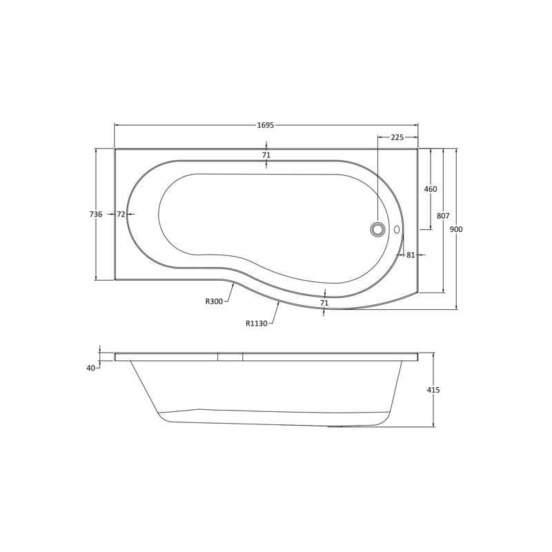 x 900mm Soaking Acrylic Bathtub, 1695mm L x 900mm L, Right