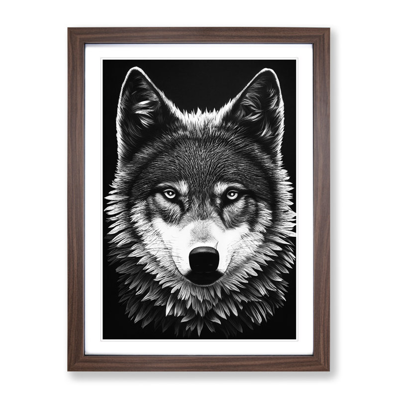 Monochrome Wolf No.5 - Wall Art, 34cm H x 25cm W x 2cm D, Walnut Framed