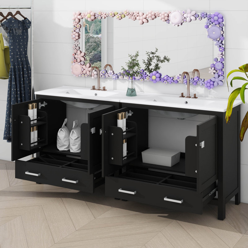 Ensemble de meuble-lavabo 72 po avec lavabo double, ensemble de meuble-lavabo 72 po avec meuble-lavabo double (séparé), 2 meubles-lavabos avec lavabo, tablette de rangement et tiroirs divisés